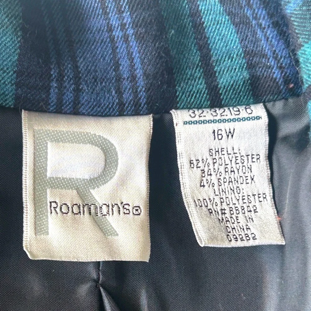 Vintage 80's Retro Roaman's Plaid Blazer Jacket Blue Green Career‎ Casual 16W